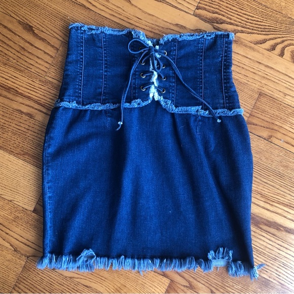 DENIM JEAN SKIRT CORSET TIE SKIRT FASHION NOVA - Picture 1 of 8